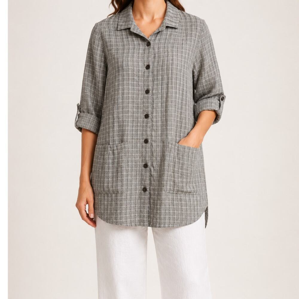 Flax By Jeanne Engelhart Plaid Linen Tunic Button Front Top Gray Size Small